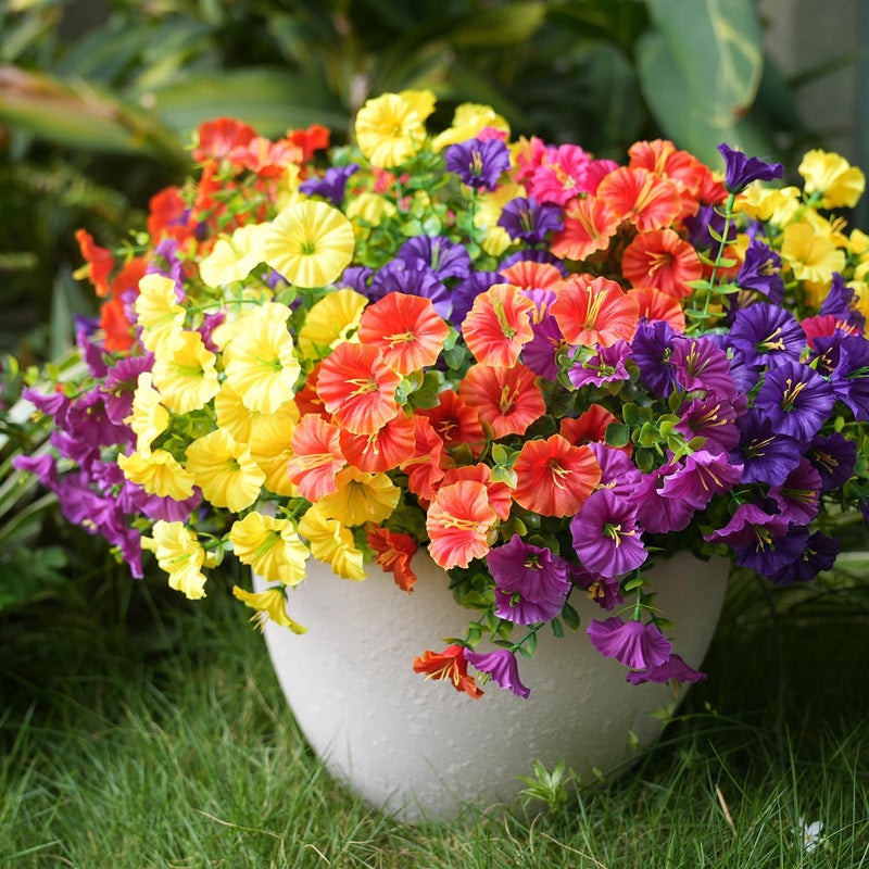 maxkes Artificial Flowers for Outdoors, UV Resistant Fake Silk Morning Glory, Realistic Faux Plants for Outside Porch Patio Window Box Hanging Planter (16, Purple Fuchsia Yellow Orange) - Image 5