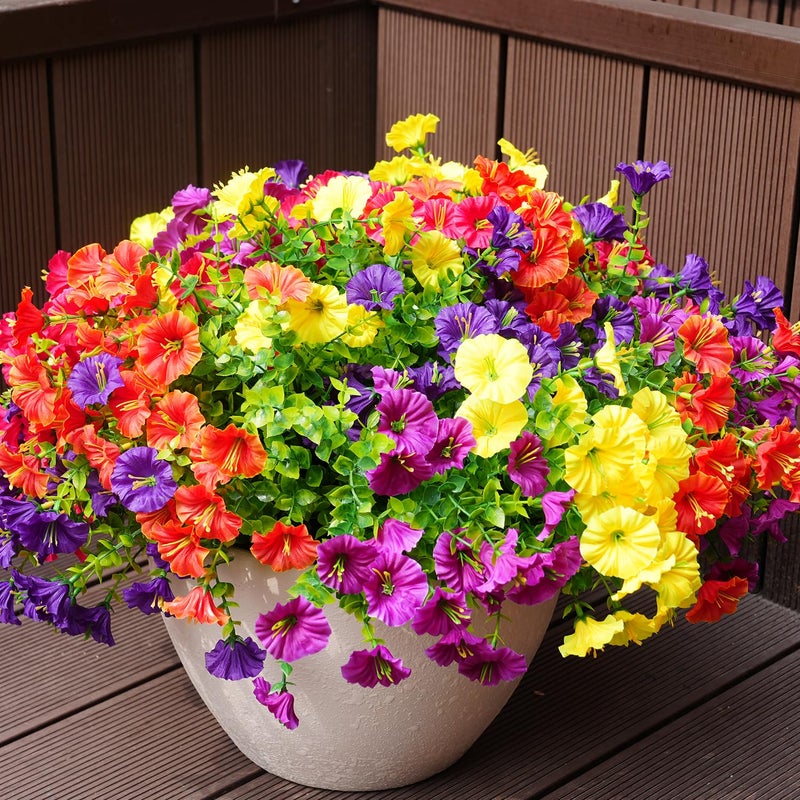 maxkes Artificial Flowers for Outdoors, UV Resistant Fake Silk Morning Glory, Realistic Faux Plants for Outside Porch Patio Window Box Hanging Planter (16, Purple Fuchsia Yellow Orange) - Image 1