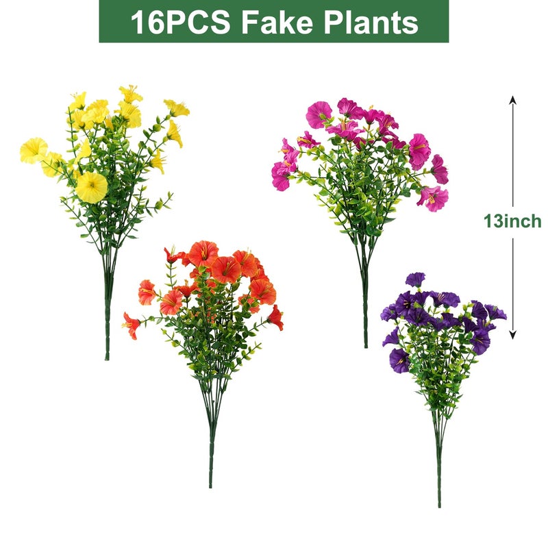 maxkes Artificial Flowers for Outdoors, UV Resistant Fake Silk Morning Glory, Realistic Faux Plants for Outside Porch Patio Window Box Hanging Planter (16, Purple Fuchsia Yellow Orange) - Image 4