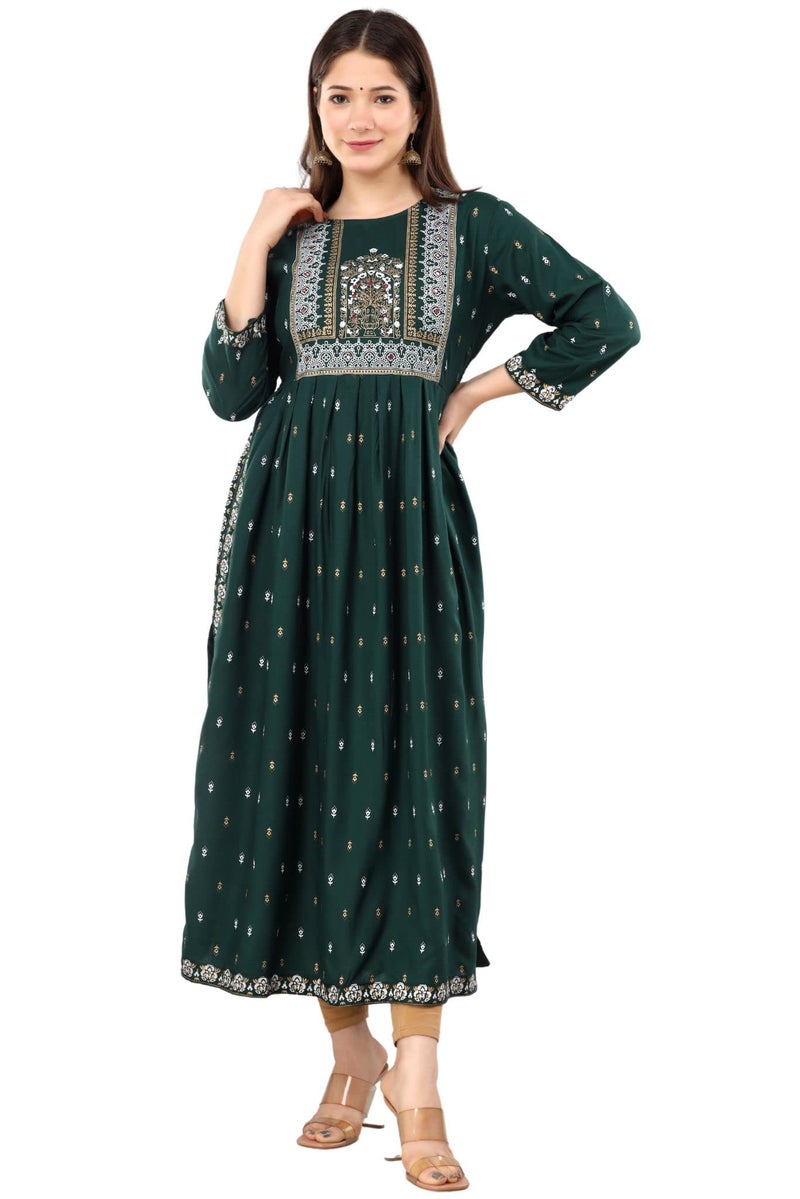 rytras Women's Rayon Printed Flared Kurti(Green,S) - Image 1