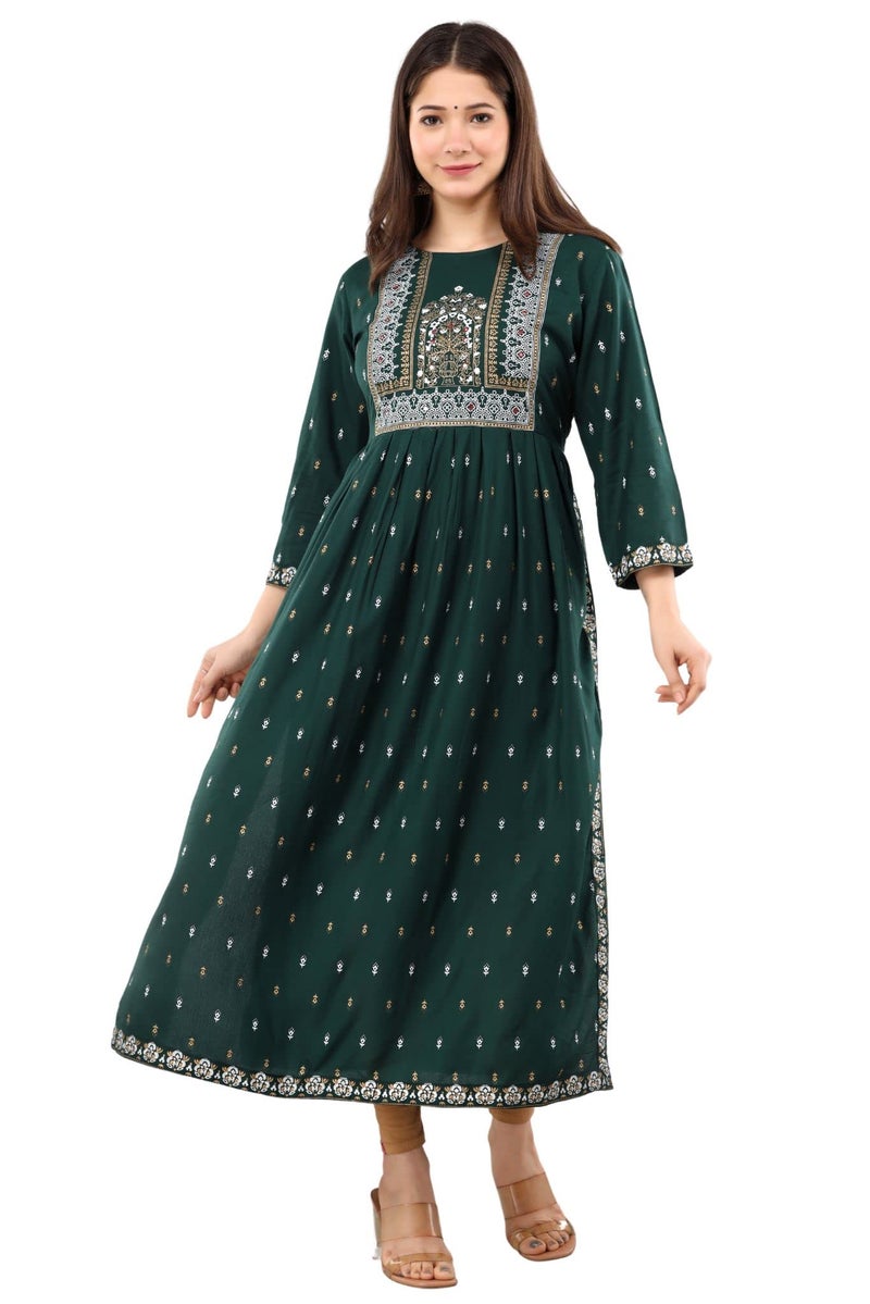 rytras Women's Rayon Printed Flared Kurti(Green,S) - Image 3