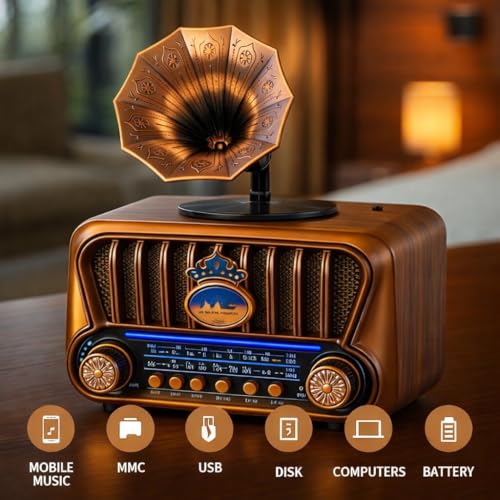 Fire Turtle Vintage-Style FM Radio with Bluetooth Speaker | Portable Retro Music Player with Type-C Charging USB, SD Card, Headphone Jack & Frequency Knob – Brown - Image 3