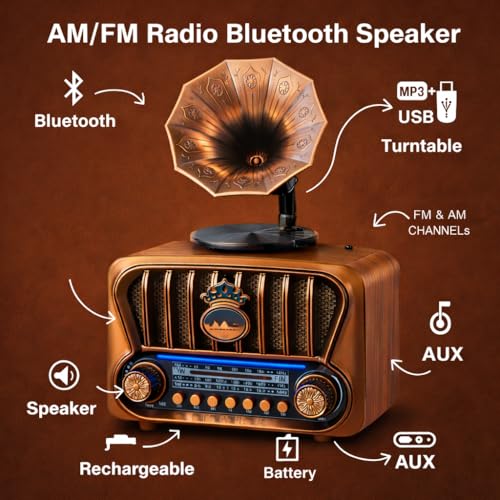 Fire Turtle Vintage-Style FM Radio with Bluetooth Speaker | Portable Retro Music Player with Type-C Charging USB, SD Card, Headphone Jack & Frequency Knob – Brown - Image 5