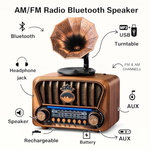 Fire Turtle Vintage-Style FM Radio with Bluetooth Speaker | Portable Retro Music Player with Type-C Charging USB, SD Card, Headphone Jack & Frequency Knob – Brown - Image 4