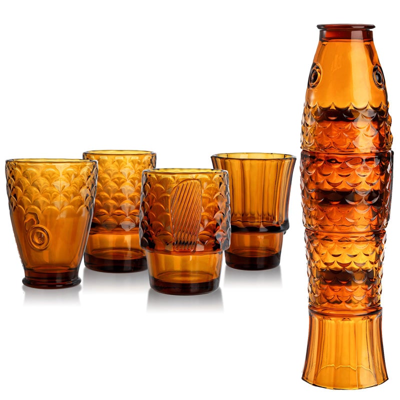 Frcctre Set of 4 Koi Fish Design Drinking Glasses Stackable Amber Tumbler Glasses Beverage Cups Juice Tumblers Drinking Water Cups Nautical Glassware for Home Party Bar