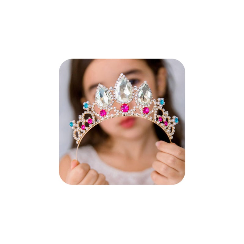 تاج رابونزل للفتيات من SWEETV لحفلات عيد الميلاد والأزياء للأطفال، تيجان أميرات متعددة الألوان مع كريستالات، إكسسوارات شعر مذهلة لحفلات الزفاف للفتيات الصغيرات والتخرج، ذهبية وصافية مع ياقوت أحمر