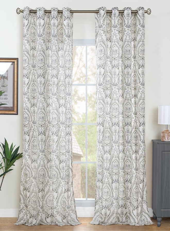 LAMIT Vintage Damask Pattern Linen Curtains, Blue Curtains 84 Inch Length, Grommet Light Filtering Curtains Floral Boho Living Room Drapes for Bedroom/Farmhouse, 52 x 84 Inch, 2 Panels, Greyish Blue - Image 3