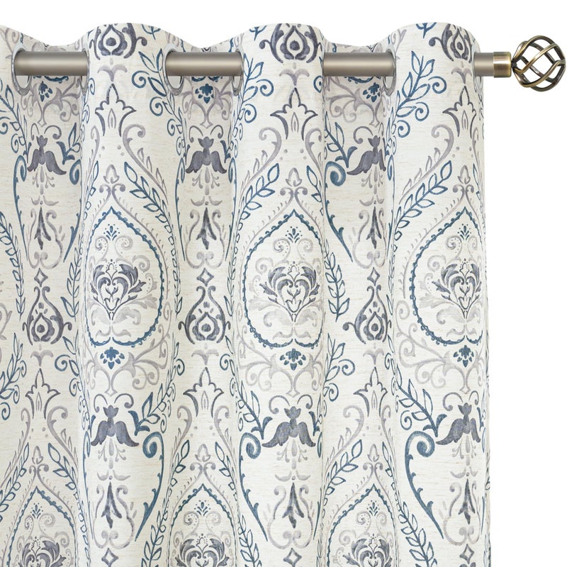 LAMIT Vintage Damask Pattern Linen Curtains, Blue Curtains 84 Inch Length, Grommet Light Filtering Curtains Floral Boho Living Room Drapes for Bedroom/Farmhouse, 52 x 84 Inch, 2 Panels, Greyish Blue - Image 1
