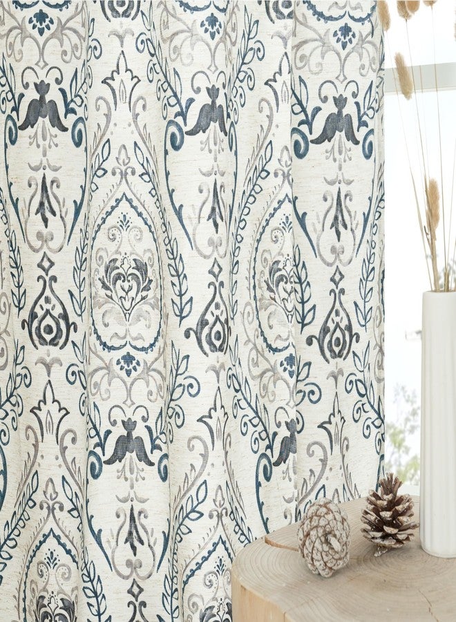 LAMIT Vintage Damask Pattern Linen Curtains, Blue Curtains 84 Inch Length, Grommet Light Filtering Curtains Floral Boho Living Room Drapes for Bedroom/Farmhouse, 52 x 84 Inch, 2 Panels, Greyish Blue - Image 2