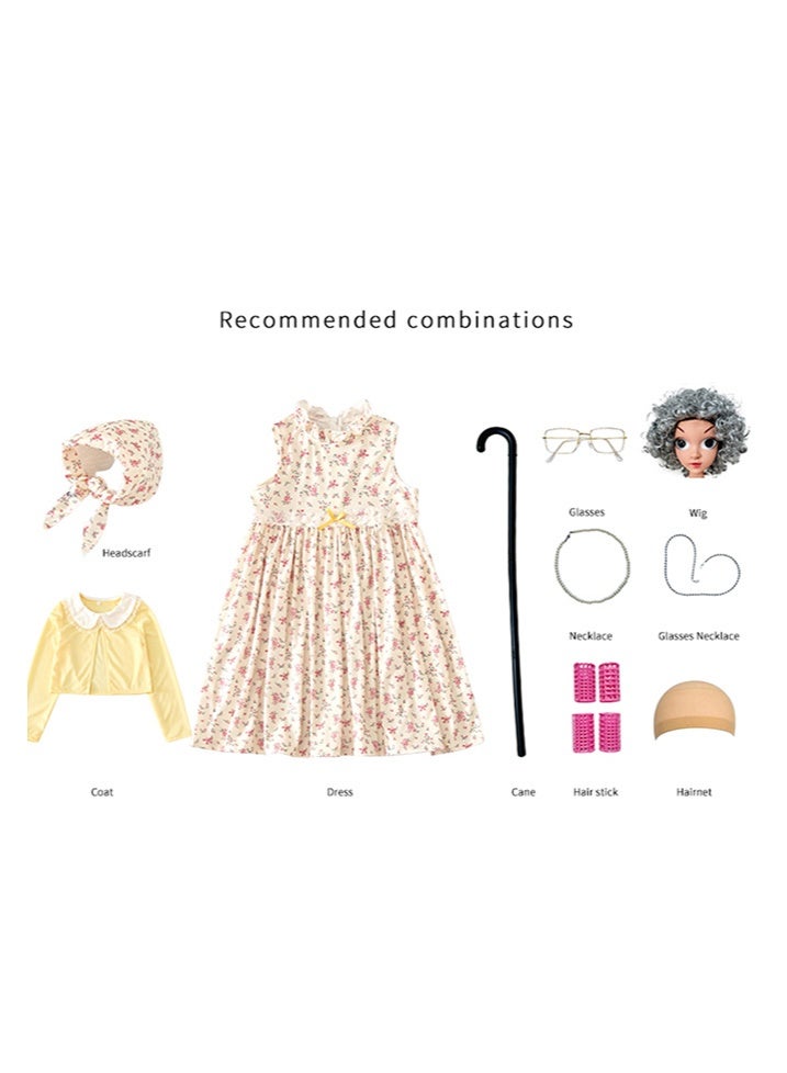Al Aoyama Funny Old Lady Costume for Kids, 100 Days of School Dress Up, Floral Granny Dress with Shawl for Carnival & Cosplay, Grandma Outfit for Girls - Image 3