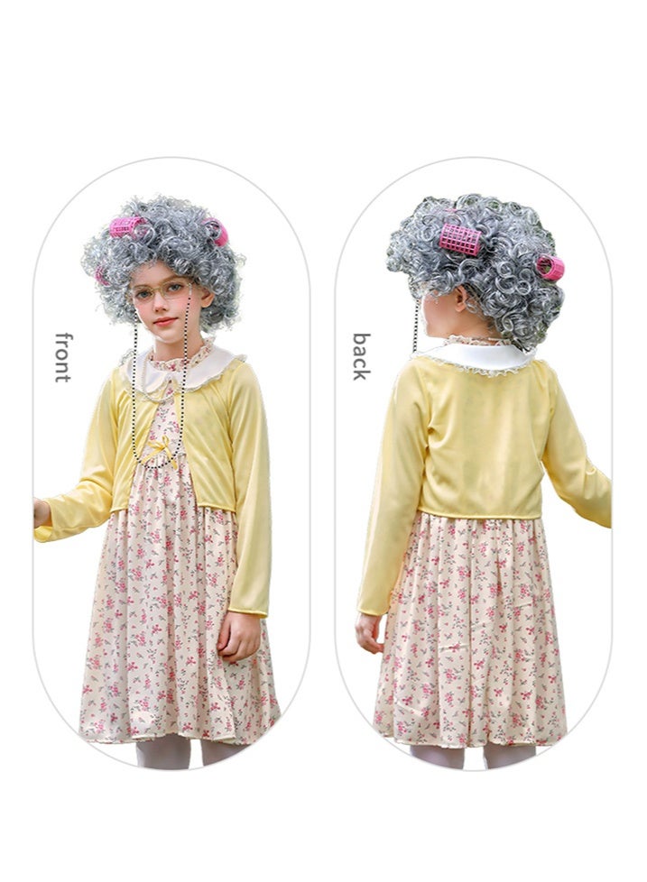 Al Aoyama Funny Old Lady Costume for Kids, 100 Days of School Dress Up, Floral Granny Dress with Shawl for Carnival & Cosplay, Grandma Outfit for Girls - Image 4