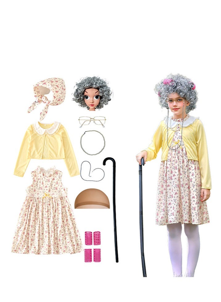 Al Aoyama Funny Old Lady Costume for Kids, 100 Days of School Dress Up, Floral Granny Dress with Shawl for Carnival & Cosplay, Grandma Outfit for Girls - Image 5