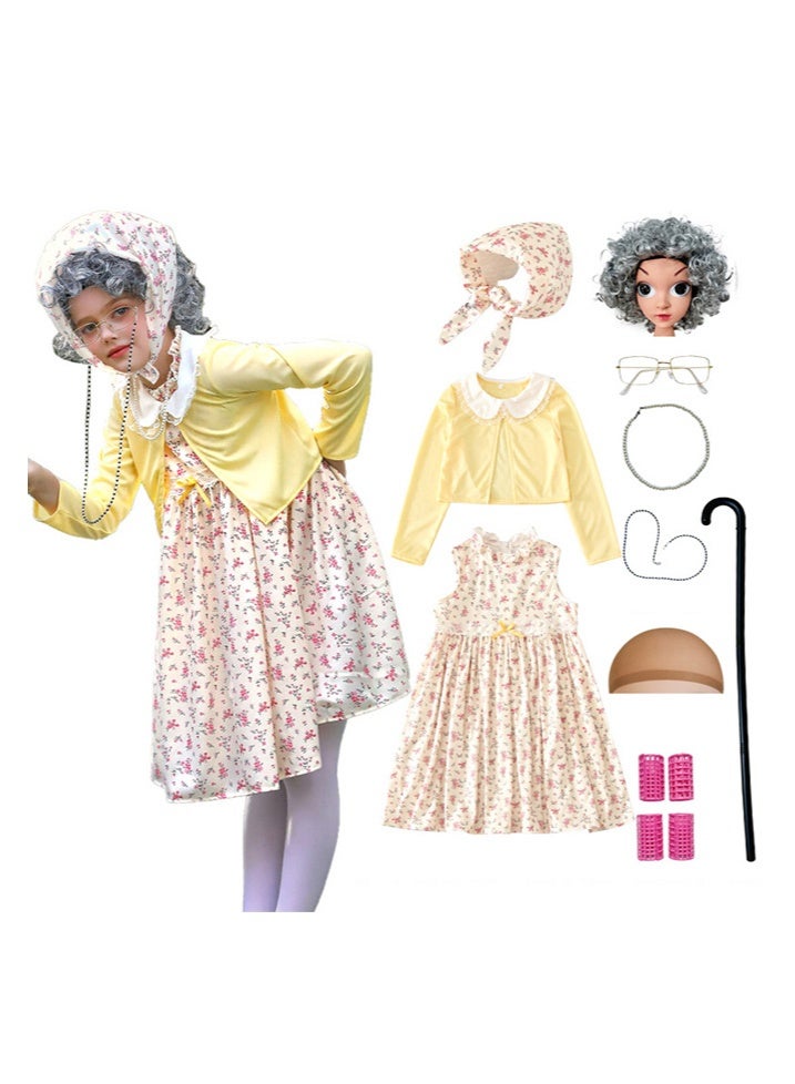 Al Aoyama Funny Old Lady Costume for Kids, 100 Days of School Dress Up, Floral Granny Dress with Shawl for Carnival & Cosplay, Grandma Outfit for Girls - Image 1