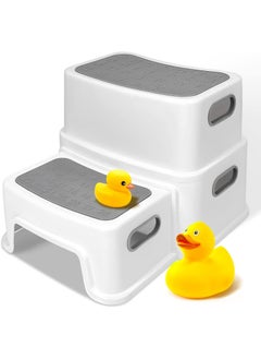 NNEWVANTE Toddler Step Stool for Bathroom Sink, 2 Step Stool for Kids Toilet Potty Training, Non-Slip Toddlers Baby Child Kid Plastic Poop Stools with Handle for Kitchen Counter Bed (Grey)  - Image 1