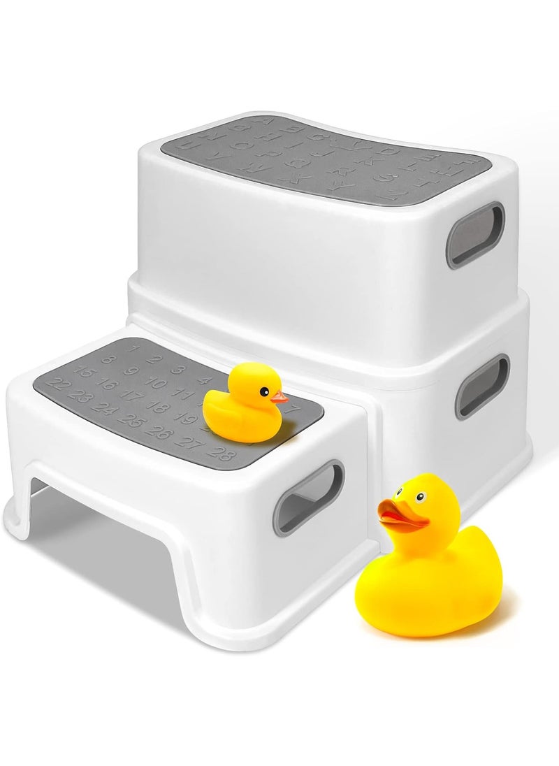 NNEWVANTE Toddler Step Stool for Bathroom Sink, 2 Step Stool for Kids Toilet Potty Training, Non-Slip Toddlers Baby Child Kid Plastic Poop Stools with Handle for Kitchen Counter Bed (Grey)  - Image 1