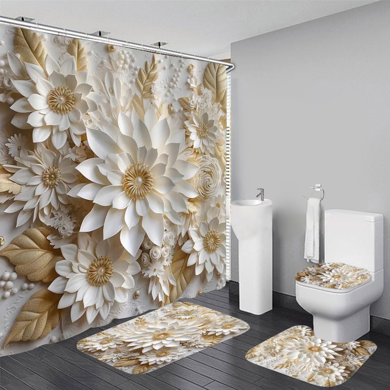 Chrainy 4Pcs 3D Floral Shower Curtain Sets Elegant White Blossom Flowers Bathroom Accessories Set Modern Minimalism Waterproof Spring Bathroom Decor with Rugs and 12 Hooks - Image 1