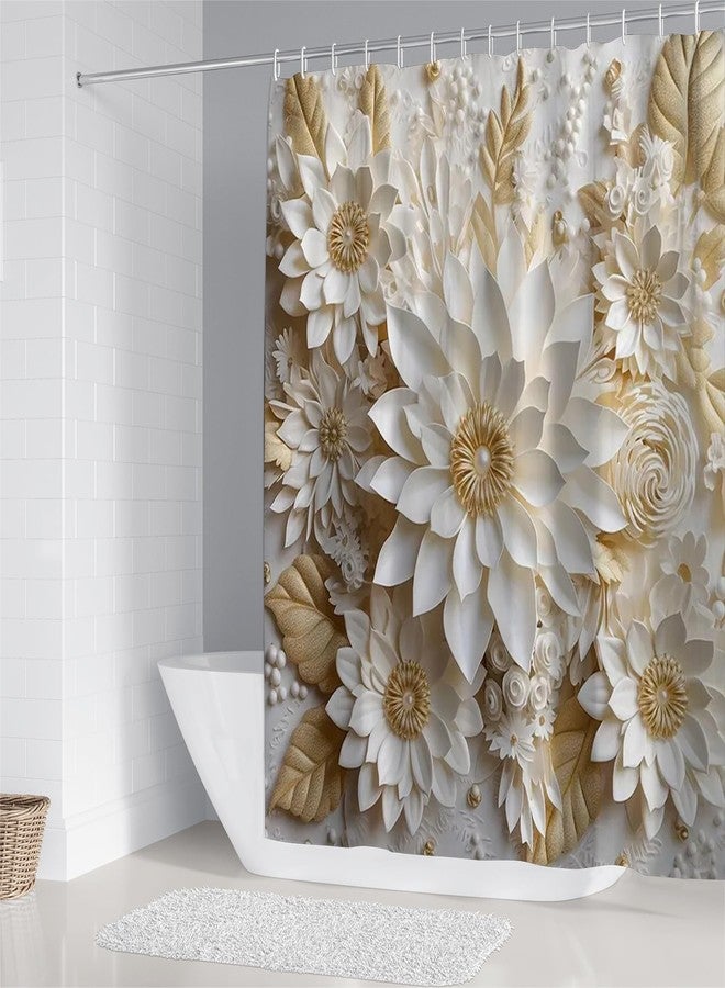 Chrainy 4Pcs 3D Floral Shower Curtain Sets Elegant White Blossom Flowers Bathroom Accessories Set Modern Minimalism Waterproof Spring Bathroom Decor with Rugs and 12 Hooks - Image 2
