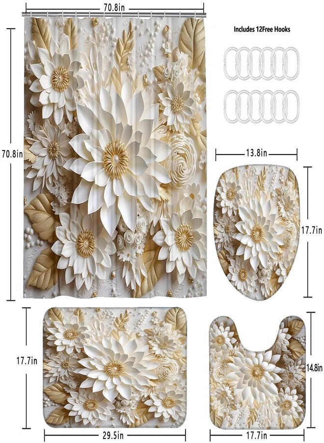 Chrainy 4Pcs 3D Floral Shower Curtain Sets Elegant White Blossom Flowers Bathroom Accessories Set Modern Minimalism Waterproof Spring Bathroom Decor with Rugs and 12 Hooks - Image 5