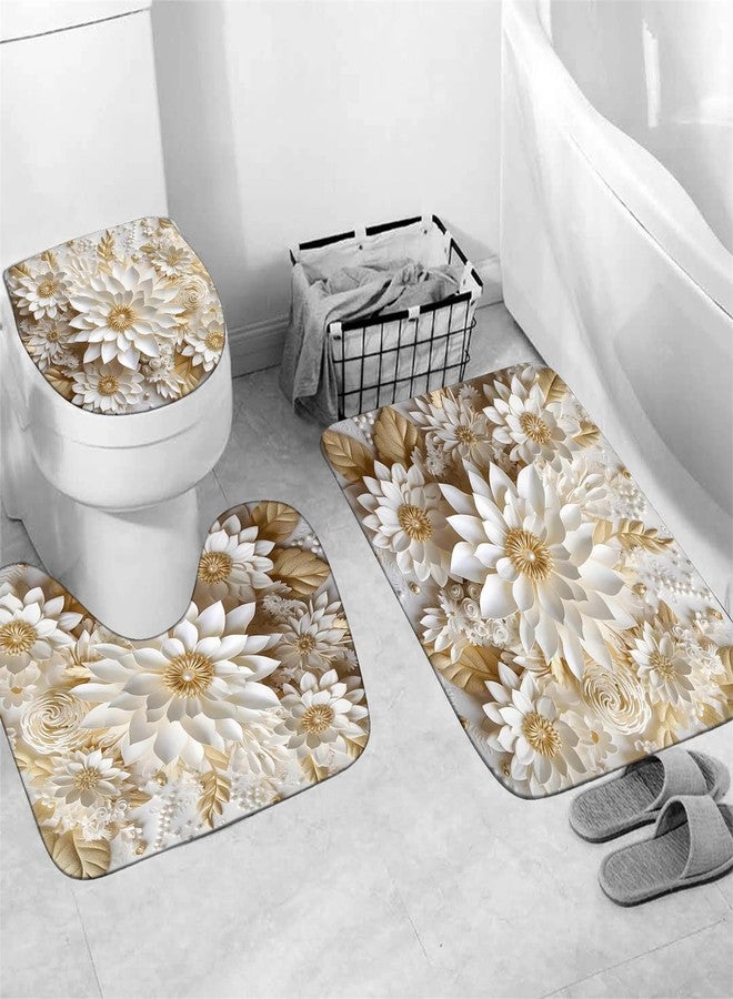 Chrainy 4Pcs 3D Floral Shower Curtain Sets Elegant White Blossom Flowers Bathroom Accessories Set Modern Minimalism Waterproof Spring Bathroom Decor with Rugs and 12 Hooks - Image 4