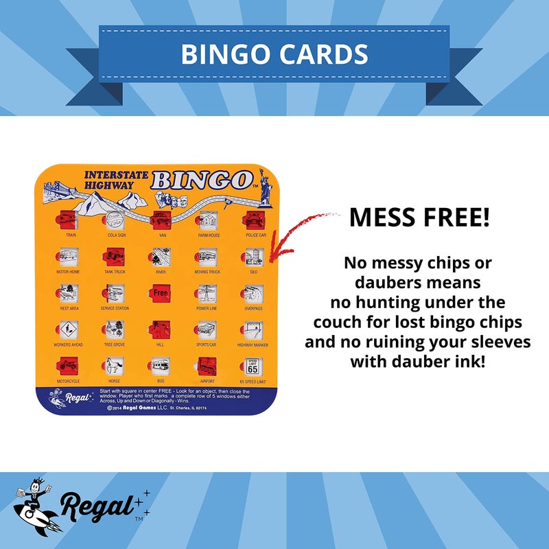 Regal Games Finger-Tip Shutter Bingo Cards with Sliding Windows - Interstate Highway Game Set - Travel Bingo Game for Adults & Kids - Reusable, No Chips & Daubers Needed - 4 Packs - Orange - Image 5