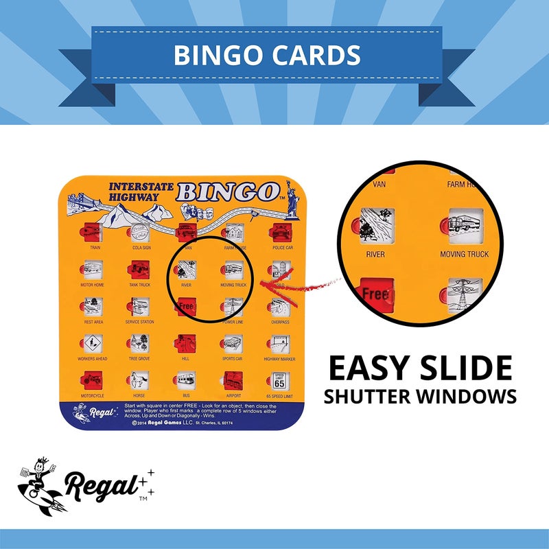 Regal Games Finger-Tip Shutter Bingo Cards with Sliding Windows - Interstate Highway Game Set - Travel Bingo Game for Adults & Kids - Reusable, No Chips & Daubers Needed - 4 Packs - Orange - Image 3