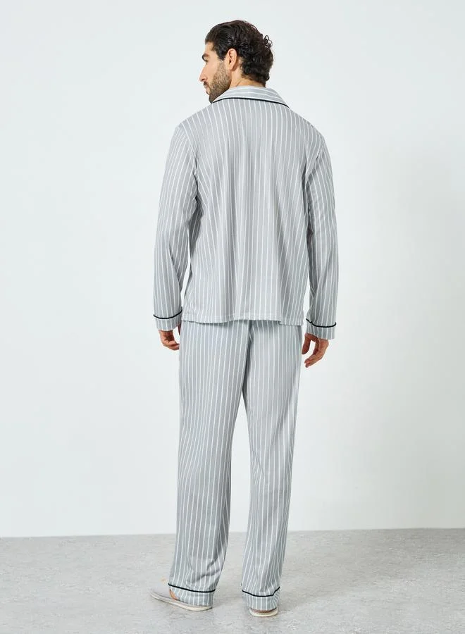 Styli  Men Striped Shirt and Pyjama Set for Men | Best Price UAE