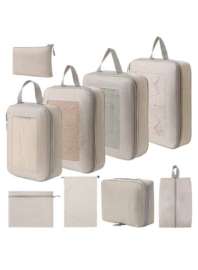 9 Set Compression Packing Cubes for Travel,Lightweight Vacation Travel Essentials，Travel Accessories for Suitcase Organizer Bags Set ， Compressible Expandable Travel Packing Organizer with Double Zipper, Travel Essentials for Carry on Luggage，Durable Luggage Organizer Travel Bags，Beige - Image 1