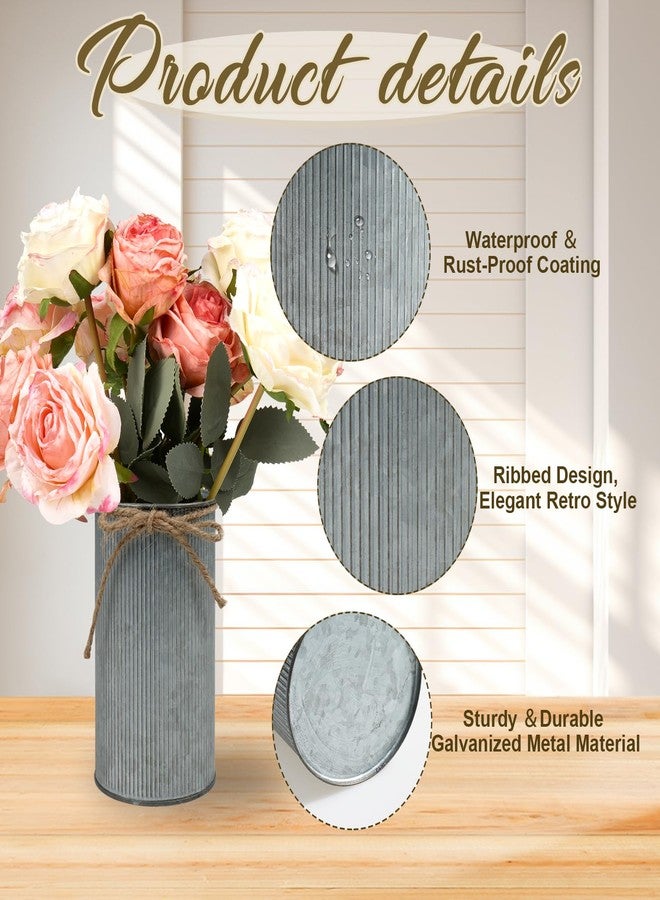YEXEXINM 8 Pcs Large Farmhouse Vase with Twine Bow, 6x3.6 in Vintage Flower Vase Decor, Galvanized Metal Flower Vases Rustic Vase for Table Centerpiece Weddings Home Decoration (Gray) - Image 3