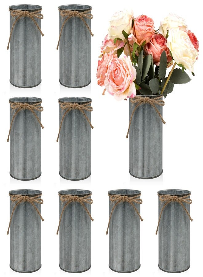 YEXEXINM 8 Pcs Large Farmhouse Vase with Twine Bow, 6x3.6 in Vintage Flower Vase Decor, Galvanized Metal Flower Vases Rustic Vase for Table Centerpiece Weddings Home Decoration (Gray) - Image 1