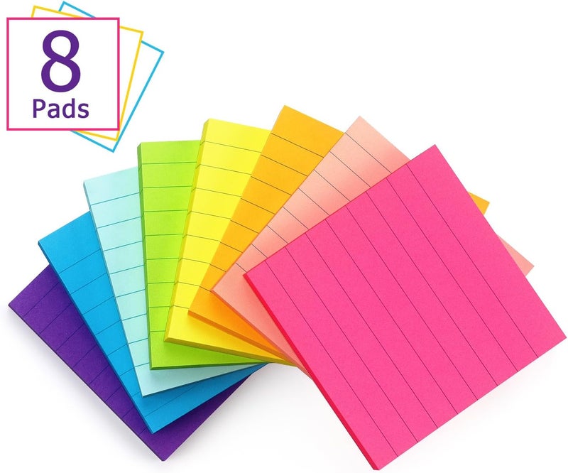 Eastern Wolf 8 Pads Lined Sticky Notes 3x3 Sticky Notes with Lines Self-Stick Note Pads 8 Bright Multi Colors, 85 Sheets/Pad - Image 2