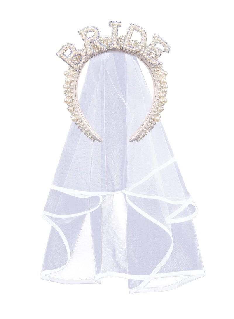 كابتن تيك Bride To Be Headband, Bride To Be Pearl Hairband Veil for Bridal Shower Gift Bachelorette Party Decorations Bride Accessories - Image 1