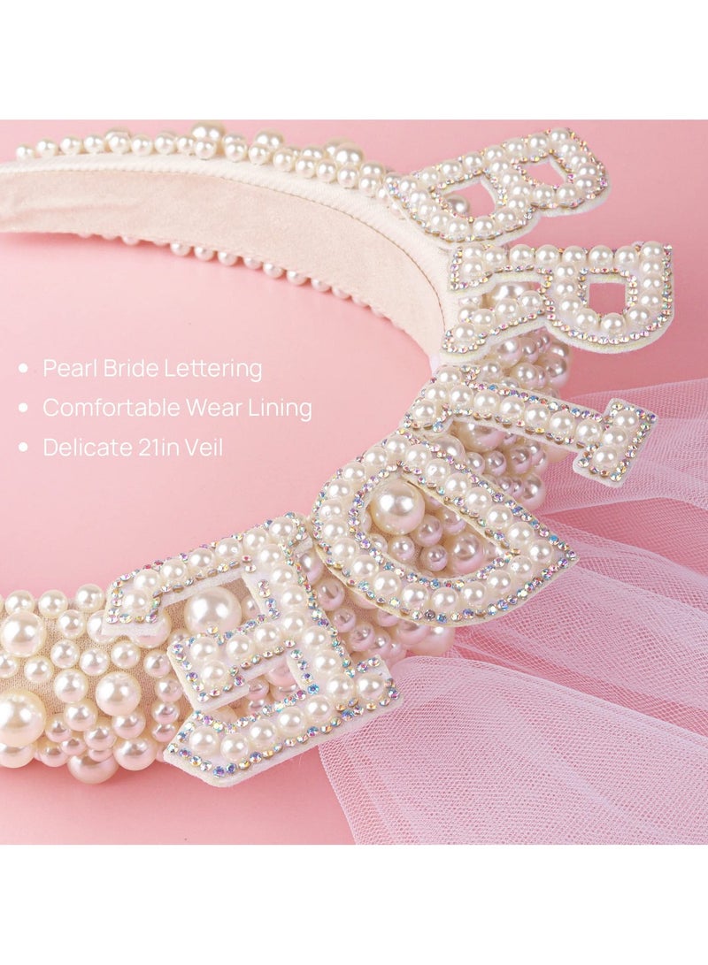 كابتن تيك Bride To Be Headband, Bride To Be Pearl Hairband Veil for Bridal Shower Gift Bachelorette Party Decorations Bride Accessories - Image 3