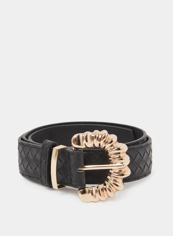 Black Textured Belt with Gold Buckle