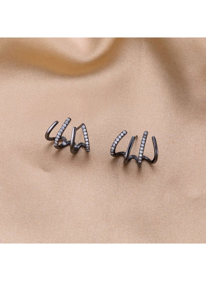 Reffeer Sterling Silver Half Hoop Earrings Wrap for Women Girls Cuff Earrings Piercings Studs (Black), Sterling Silver, Cubic Zirconia - Image 5