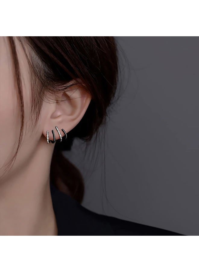 Reffeer Sterling Silver Half Hoop Earrings Wrap for Women Girls Cuff Earrings Piercings Studs (Black), Sterling Silver, Cubic Zirconia - Image 3