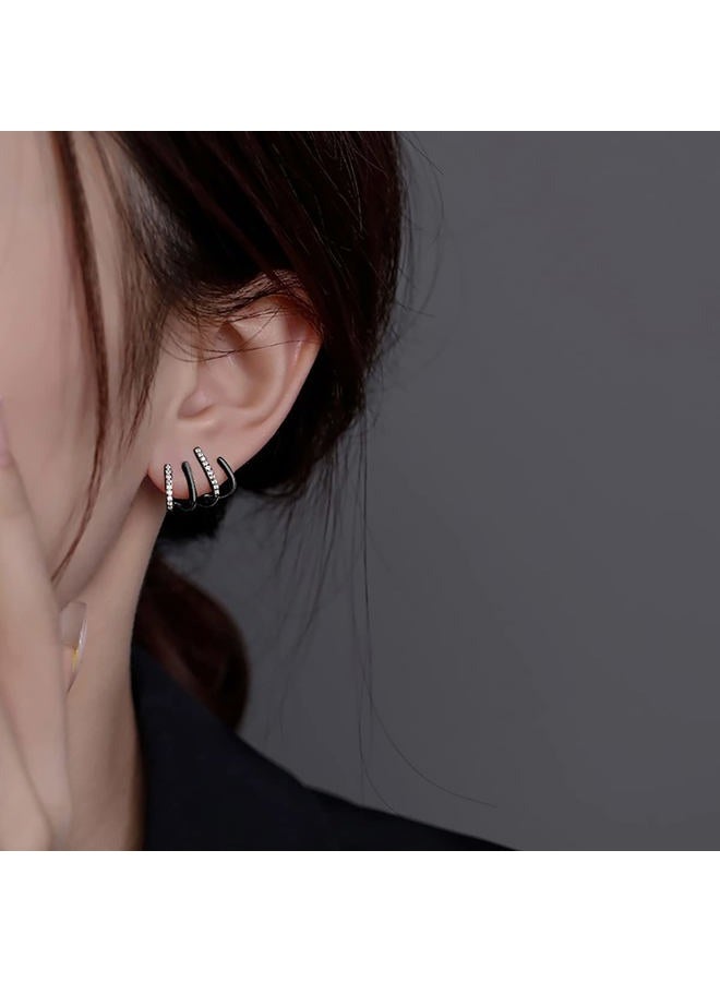 Reffeer Sterling Silver Half Hoop Earrings Wrap for Women Girls Cuff Earrings Piercings Studs (Black), Sterling Silver, Cubic Zirconia - Image 2