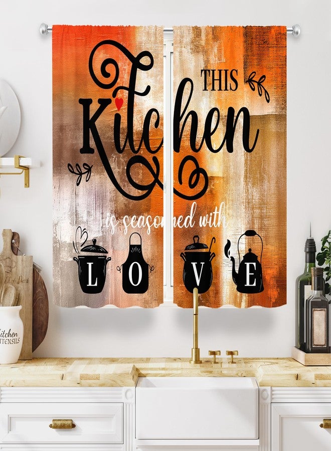 MESHELLY Abstract Burnt Orange Kitchen Curtains 27.5Wx39H Inch Rod Pocket Vintage Rustic Brown Art Painting Contemporary Bedroom Window Drapes Watercolor Quotes Printed Living Room Window Treatment - Image 1