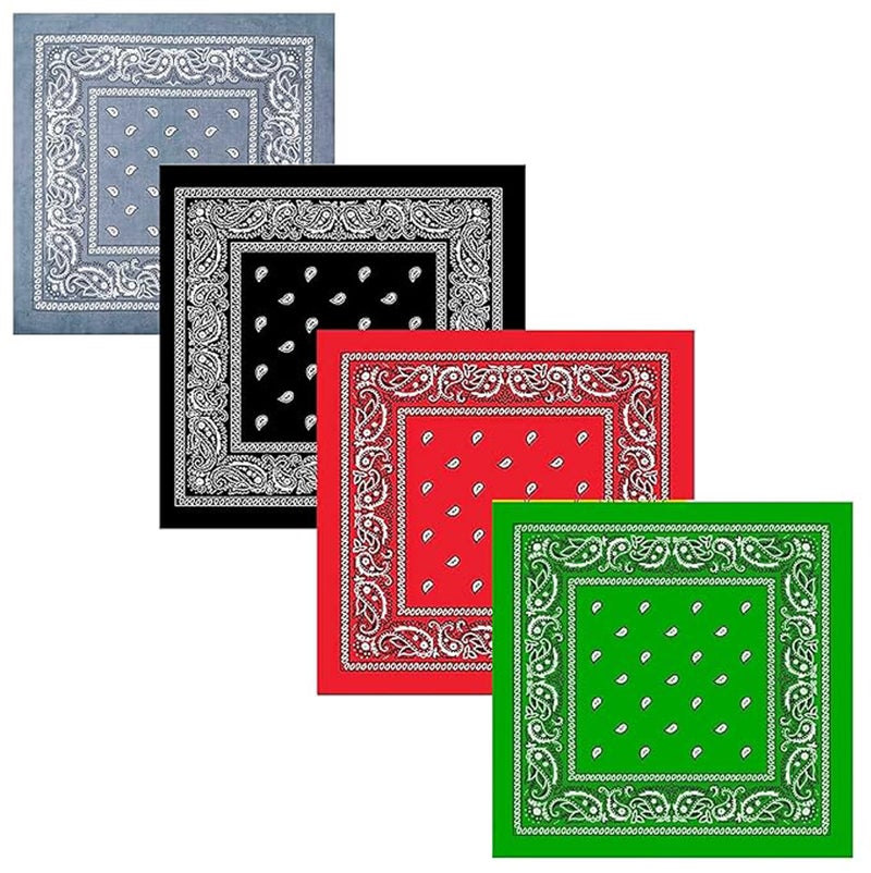 Aadikart 100% Cotton Paisley Printed Novelty Cowboy Bandana Handkerchiefs Multi-purpose For Men and Women Pack of 4 (Grey Black Red Green) - Image 1