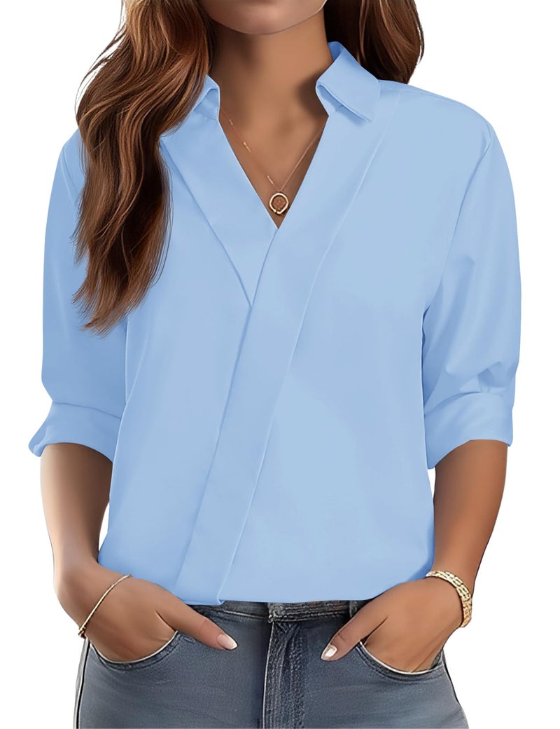 LOMON 3/4 Length Sleeve Womens Tops Cotton Dress Shirts Trendy Business Casual V Neck Work Blouses Dressy Summer Outfits (Sky Blue,XXL) - Image 1
