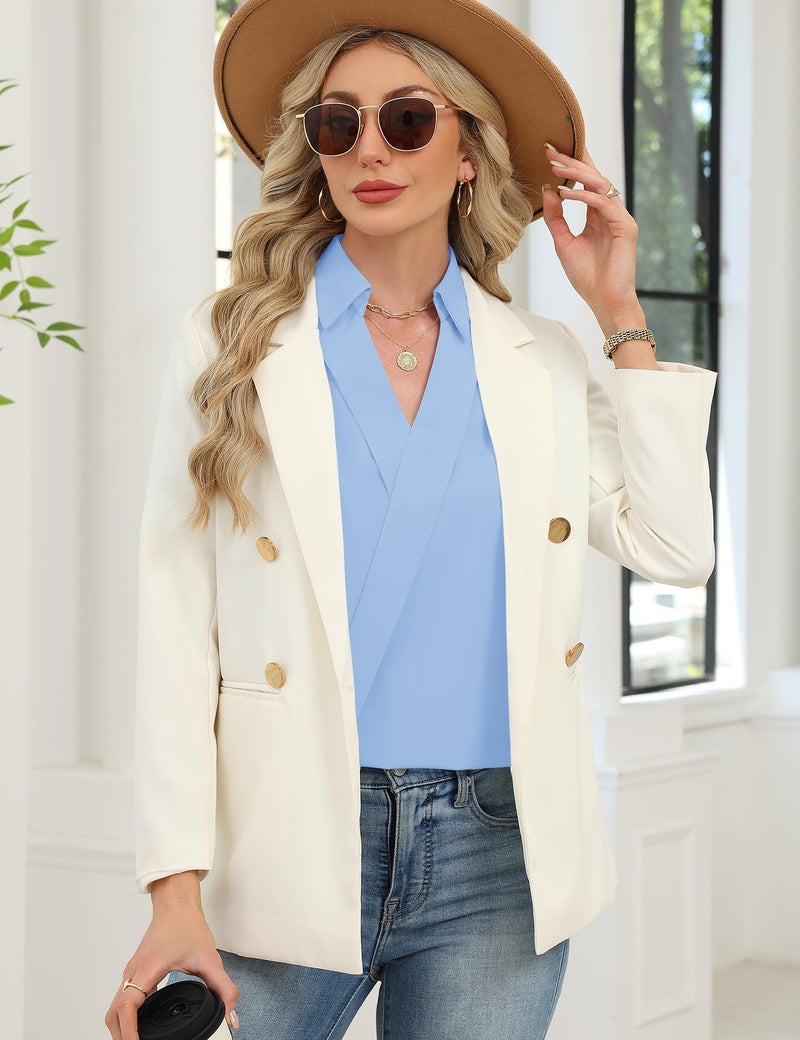 LOMON 3/4 Length Sleeve Womens Tops Cotton Dress Shirts Trendy Business Casual V Neck Work Blouses Dressy Summer Outfits (Sky Blue,XXL) - Image 5