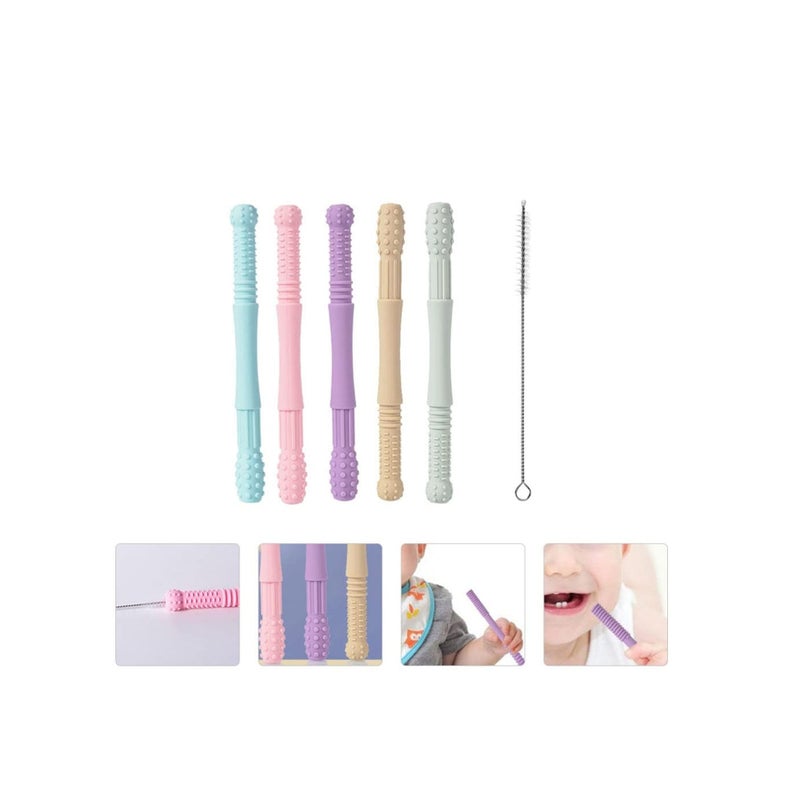 SOLARAE 1 Set Hollow Teething Tubes Soft Silicone Baby Soothing Teether Toy Sensory Chew Straw Toy Molar Sticks with Cleaning Brush for Infants Nursing Biting Chewing - Image 1