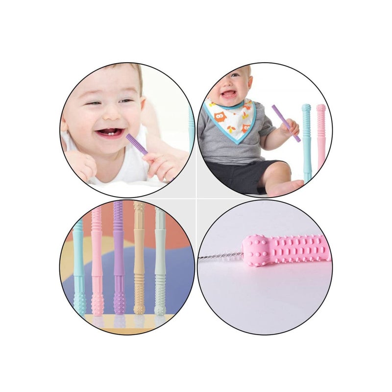 SOLARAE 1 Set Hollow Teething Tubes Soft Silicone Baby Soothing Teether Toy Sensory Chew Straw Toy Molar Sticks with Cleaning Brush for Infants Nursing Biting Chewing - Image 2