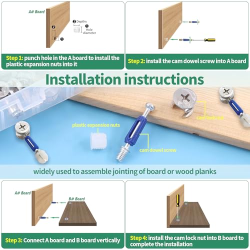 Yauhar 285Pcs 3 in 1 Furniture Connecting Hardware Connectors Kit for Cabinet Closet Drawer Wardrobe, Cam Lock Fittings with Dowel, Pre-Inserted Nut, Wood Dowel Pins and Locknut Caps - Image 4