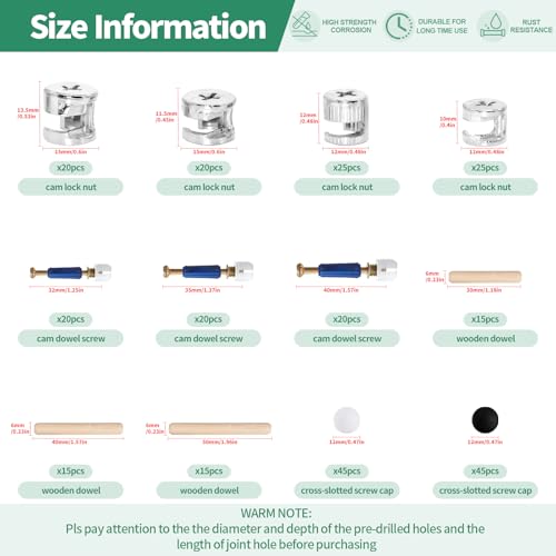 Yauhar 285Pcs 3 in 1 Furniture Connecting Hardware Connectors Kit for Cabinet Closet Drawer Wardrobe, Cam Lock Fittings with Dowel, Pre-Inserted Nut, Wood Dowel Pins and Locknut Caps - Image 2