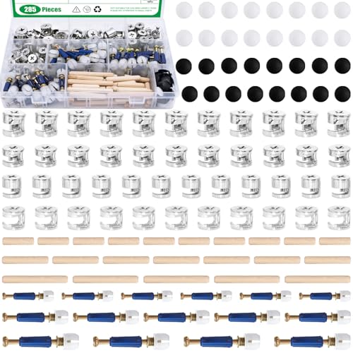 Yauhar 285Pcs 3 in 1 Furniture Connecting Hardware Connectors Kit for Cabinet Closet Drawer Wardrobe, Cam Lock Fittings with Dowel, Pre-Inserted Nut, Wood Dowel Pins and Locknut Caps - Image 1