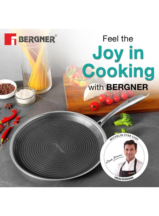 BERGNER Hi-Tech TriPly Stainless Steel 32cm Dosa Tawa, Large Non-Stick Pan, Honeycomb Non-Stick Coating, PFOA Free, Healthy Cooking, Sturdy Durable Stay Cool Handle - Induction and Gas Stove Ready - Image 4