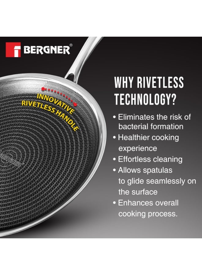BERGNER Hi-Tech TriPly Stainless Steel 32cm Dosa Tawa, Large Non-Stick Pan, Honeycomb Non-Stick Coating, PFOA Free, Healthy Cooking, Sturdy Durable Stay Cool Handle - Induction and Gas Stove Ready - Image 3