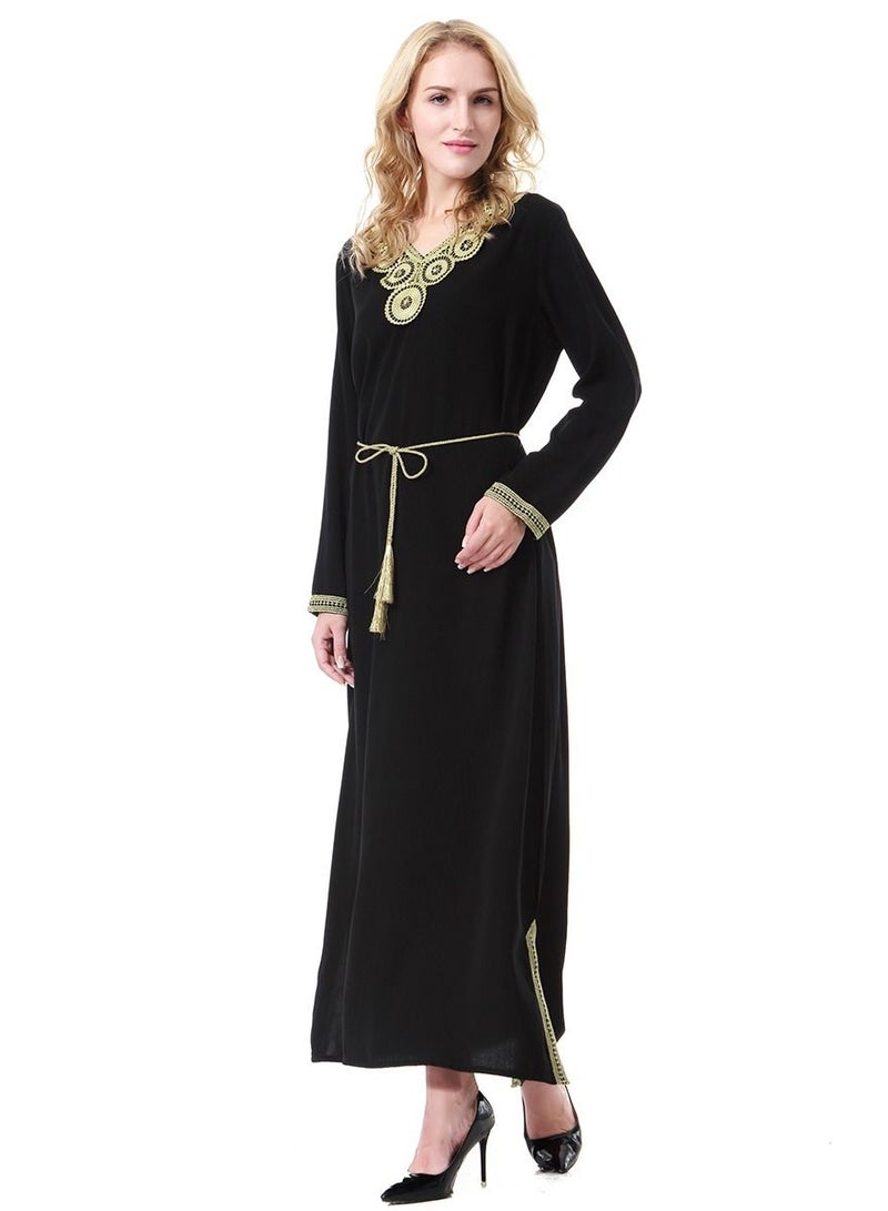 Loquat Women's V-Neck Long Sleeve Applique Maxi Long Dress Robe With Belt Black  - Image 2
