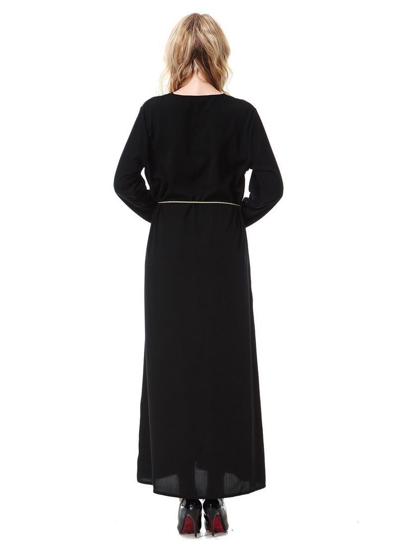 Loquat Women's V-Neck Long Sleeve Applique Maxi Long Dress Robe With Belt Black  - Image 3