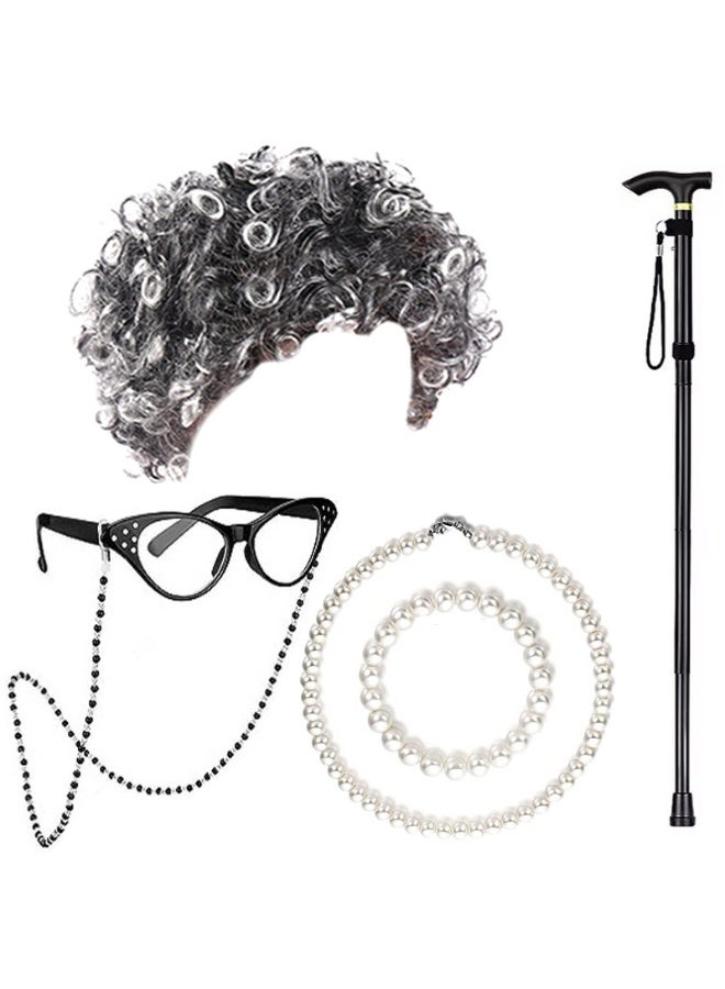 Generic Halloween Granny Wig Cosplay Kids Elderly Costume SetBlack and white curly hair six-piece set Black and white curly hair six-piece set